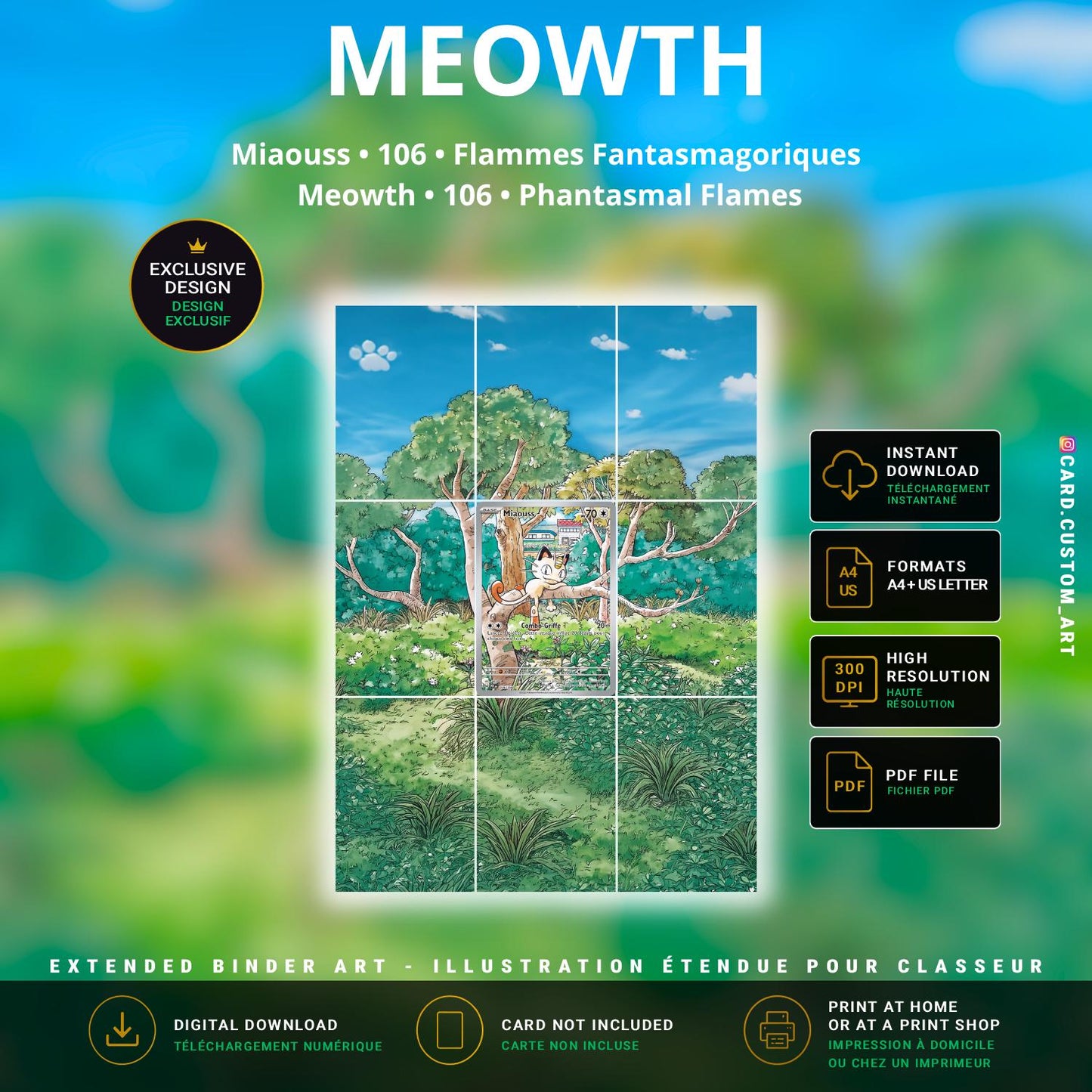 Miaouss 106 Flammes Fantasmagoriques / Illustration immersive pour binder JCC / Meowth 106 Phantasmal Flames / Immersive TCG 