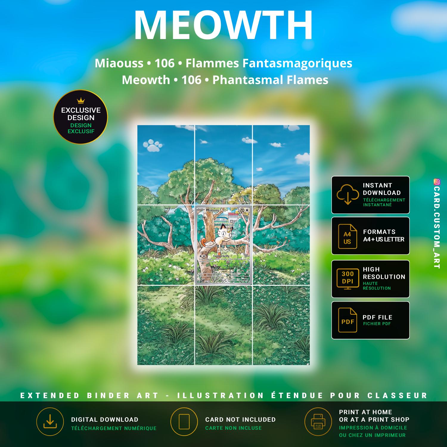 Miaouss 106 Flammes Fantasmagoriques / Illustration immersive pour binder JCC / Meowth 106 Phantasmal Flames / Immersive TCG 