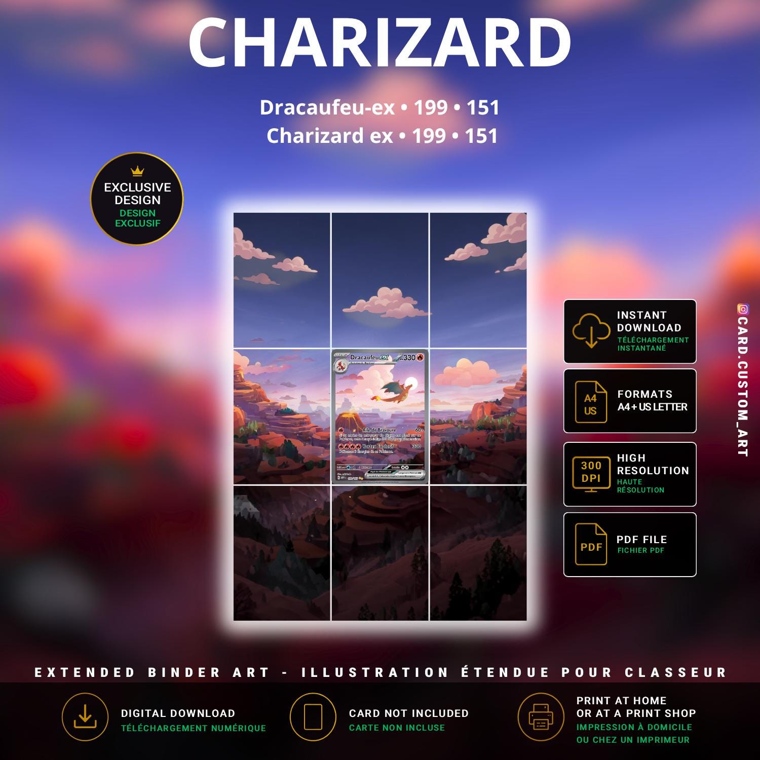 Dracaufeu ex 199 151 / Illustration numérique immersive pour binder JCC / Charizard ex 199 151 / Immersive printable TCG bind